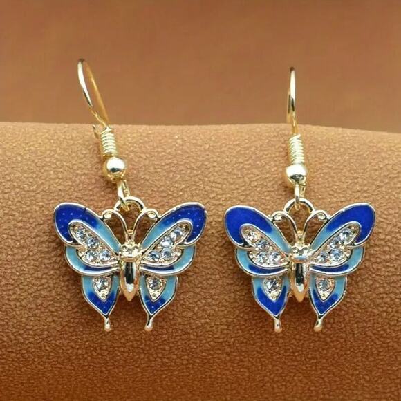 Exquisite Blue Enamel Butterfly Design Shiny Zircon Dangle Earrings. - Picture 1 of 5